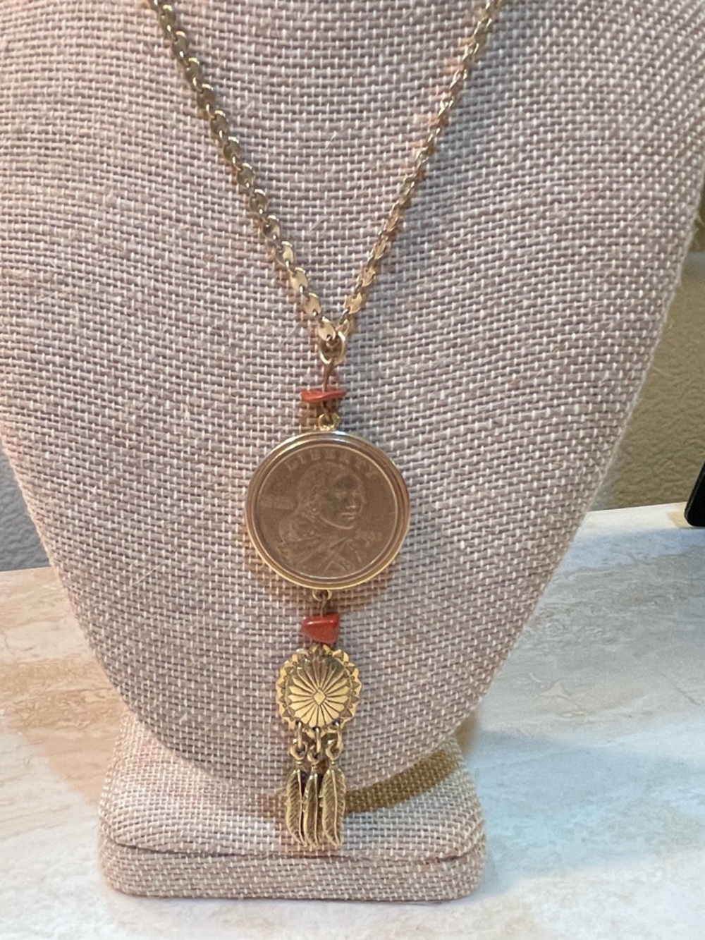 American Historic Society Sacagawea $1 Coin Pendant Feather Coral Necklace